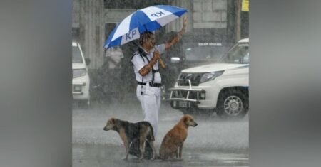 Policial é visto compartilhando seu guarda-chuva com cães de rua durante forte tempestade