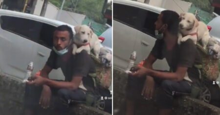 Jovem compartilha sua comida com seu cachorro que carrega nas costas pelas ruas