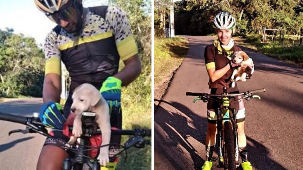 Ciclistas param e resgatam cachorro que foi deixado para trás dentro de uma bolsa