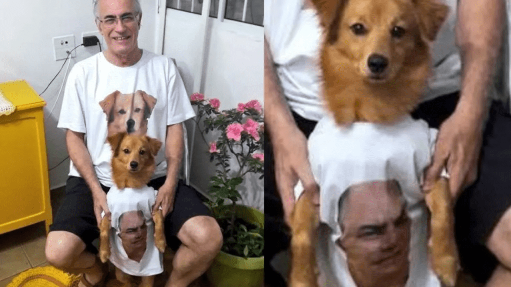 Homem se recusava a ter cachorro em casa e acabou se apaixonando pelo cachorro adotado e tem até camiseta dele